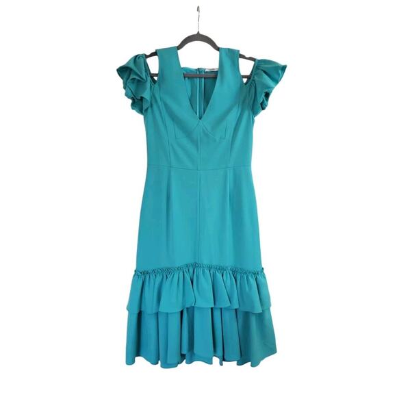 Tome NYC Ariel Turquoise Sea Green Ruffled Stretch Midi Dress, Size 2 - Picture 1 of 12